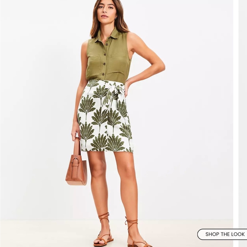 LOFT Olive and White Leaf Print Mini Skirt